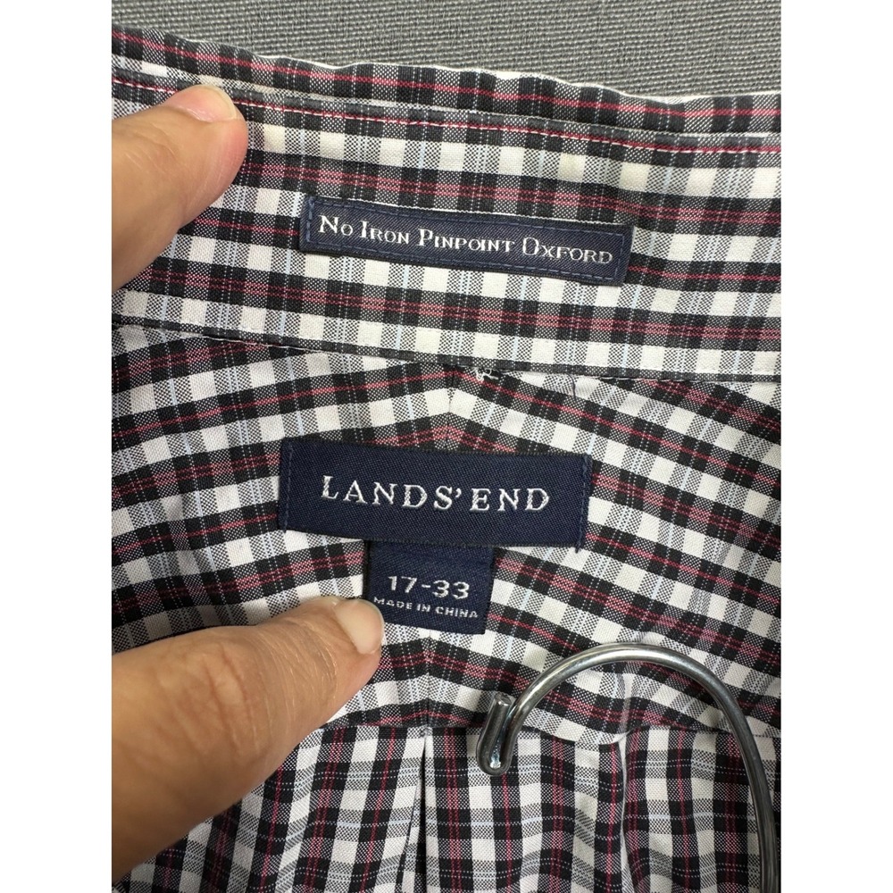 Lands End Men's‎ No Iron Pinpoint Oxford Shirt 17-33 Burgundy Black Check L/S